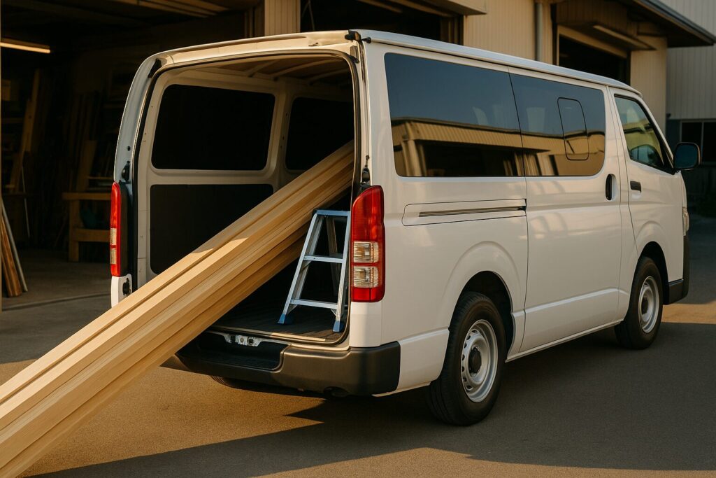 ハイエース　工務店・内装・電気工事 ― 長尺材・脚立・工具の積載例